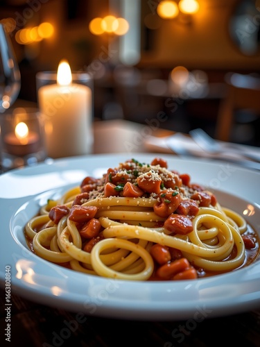 A plate of creamy pasta, glistening with a rich, decadent sauce, steam rising gently, served in a rustic Italian restaurant, soft candlelight, warm and inviting atmosphere.