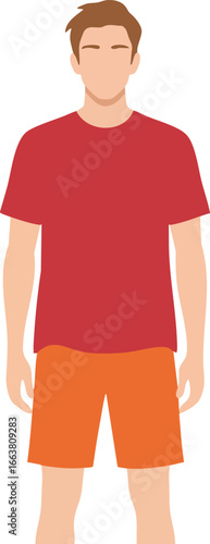Young man wearing red shirt and orange shorts standing front view casual summer outfit vector illustration 