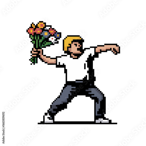 Person holding a bouquet of flowers in a playful fighting stance with a pixel art style
