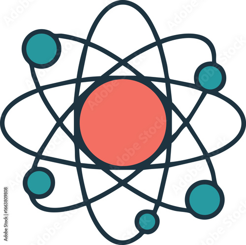 Atom structure illustration with nucleus and orbiting electrons in simple vector style for science education and concept design 