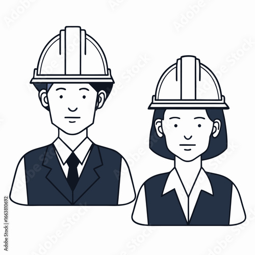 Construction Workers Male and Female with Hard Hats Representing Skilled Professionals and Gender Equality in the Workplace