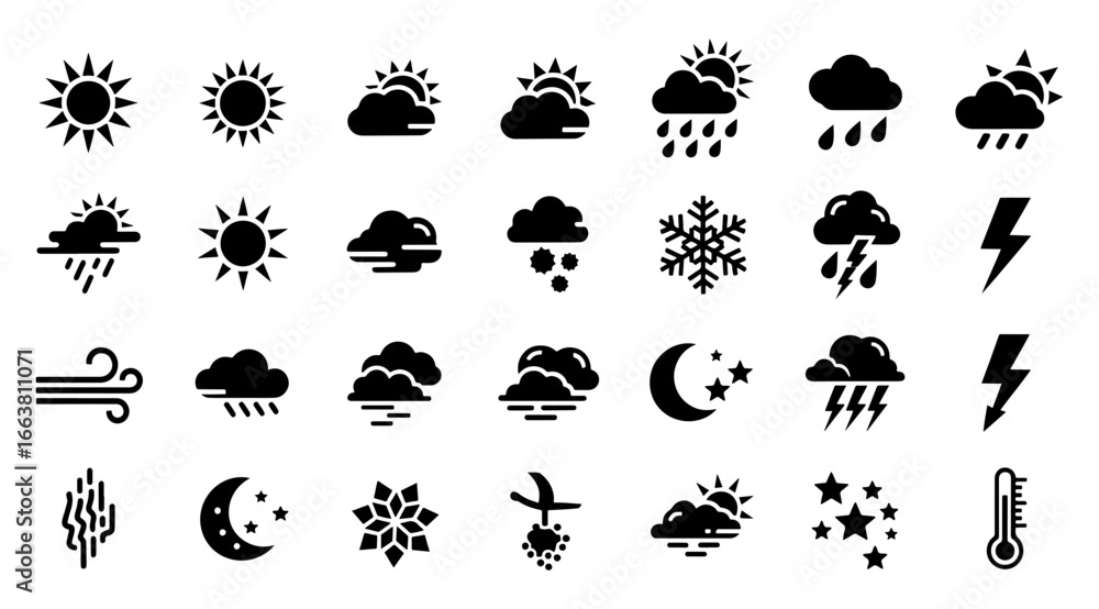 Fototapeta premium Vector art of collection of black weather icons and symbols