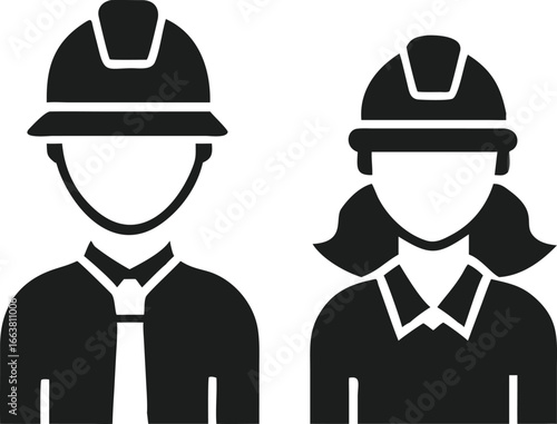 Construction Workers Male and Female with Hard Hats Representing Skilled Professionals and Gender Equality in the Workplace