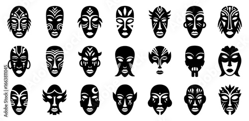 Vector art of collection of tribal african mask icons