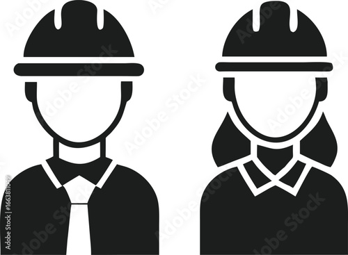 Construction Workers Male and Female with Hard Hats Representing Skilled Professionals and Gender Equality in the Workplace