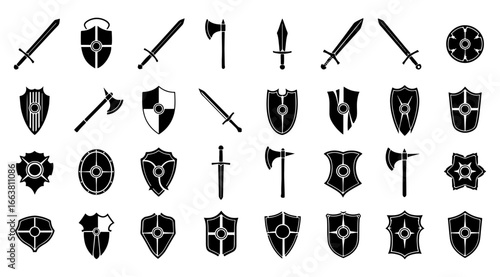 Vector art of assortment of medieval weapon and shield icons