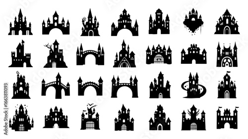 Vector art of collection of black silhouette castle designs
