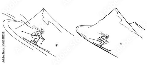 Vector art of two line art drawings of skiers descending a snowy mountain slope in winter