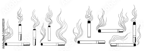 Vector art of collection of burning cigarettes with smoke