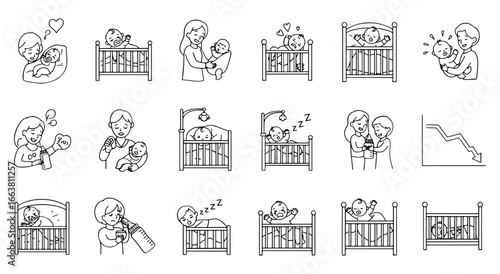 Vector art of collection of baby and parent interactions in a crib