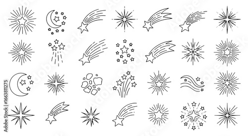 Vector art of set of line art icons representing stars, sparkles, and celestial phenomena