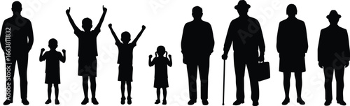Human life stages silhouette, childhood to old age vector, people outline, generational growth illustration, aging process shadow, family life cycle clipart