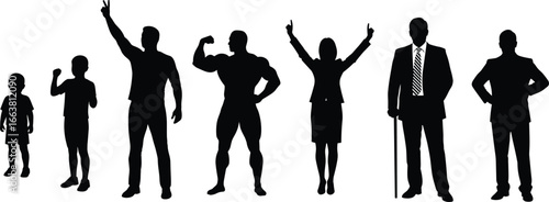 Human life stages silhouette set, growth evolution vector, childhood to old age, people icons, adult poses, aging process illustration