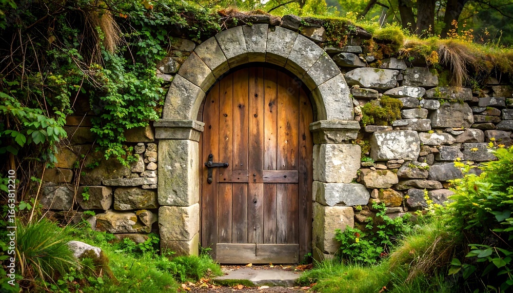 Fototapeta premium Enchanting Wooden Doorway Set in Ancient Stone Wall Amidst Lush Greenery.