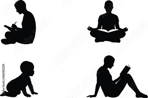 Silhouette of baby crawling, person reading book, writing notes, meditation pose, mindful study, yoga posture, human activities vector illustration