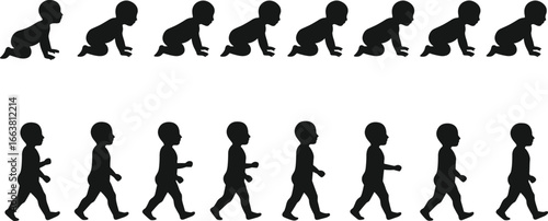 Baby silhouette vector, crawling baby clipart, walking toddler outline, child development stages, infant growth graphic, baby steps design, black baby silhouette