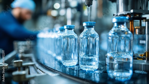 Pharmaceutical Manufacturing: Filling Sterile Vials with Liquid Solution on an Automated Conveyor System.