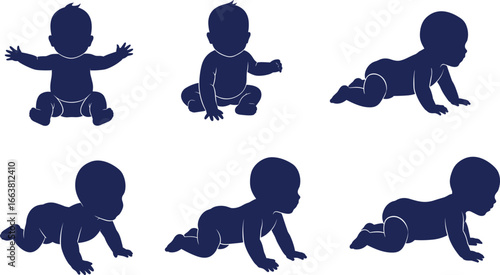 Baby silhouette vector pack, crawling sitting poses illustration, infant development stages clipart, toddler movement outline, newborn growth graphic, child dark silhouette