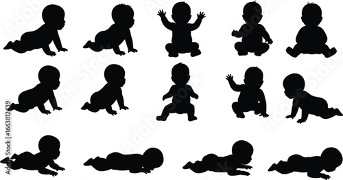 Baby silhouette vector pack, crawling sitting lying poses, infant development illustration, toddler growth clipart, newborn movement outline, child black graphic design
