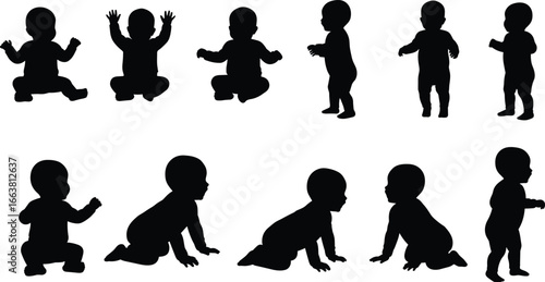 Baby silhouette set with crawling, sitting, and standing poses, child growth stages, infant development, parenting, childcare, newborn, toddler vector