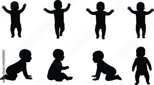 Baby silhouette set with crawling, sitting, and standing child poses, infant raising arms, toddler outline, child growth and development stages