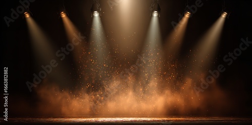 Dramatic stage lighting illuminates dust particles creating atmosphere and intrigue in a captivating artistic presentation.