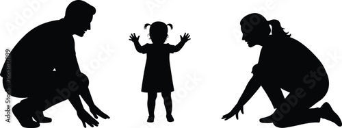 Silhouette of parents with child, family support, caring father and mother teaching toddler to walk, childhood and parenting illustration
