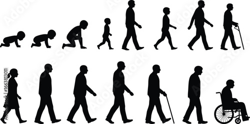 Human life cycle silhouette set showing stages from crawling baby, childhood, adulthood, aging, and senior years with cane and wheelchair
