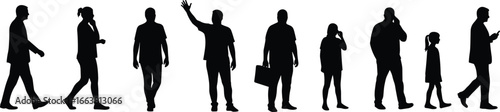Human silhouette vector set showing men, women, and children in daily life activities, walking, talking, business, and casual lifestyle poses