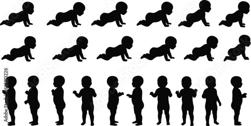 Baby silhouette vector set, infant crawling and standing poses, toddler movement stages, child growth development icons, childhood posture illustration