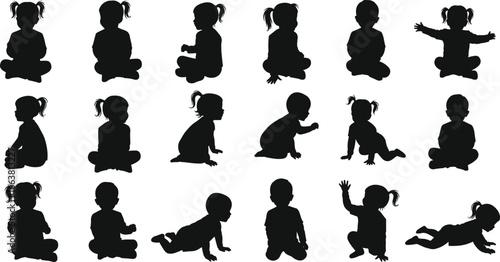 Baby silhouettes vector, children sitting and crawling poses, toddler movement stages, infant growth development icons, childhood posture illustration set for design