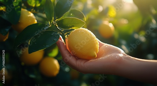 Yellow Lemon Picked From Tree in Sunlit Orchard During Harvest Season.