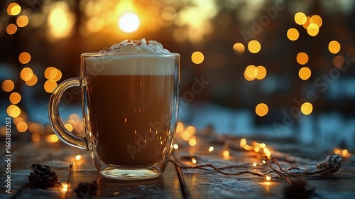 Warm Beverage in Glass Cup Against Sunset With Festive Lights in Background