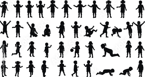 Collection of children silhouette vector illustration, kids playing poses, boy and girl activities, childhood design template, educational playful learning graphics