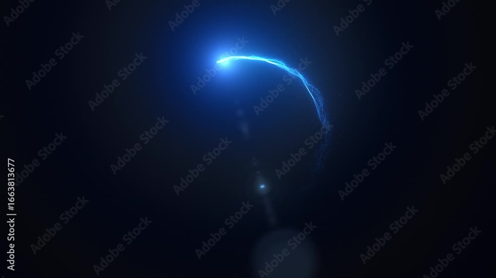 A glowing blue light trail curves in the dark, creating an abstract, ethereal effect with a lens flare at the bottom.