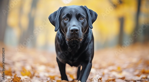 Black Labrador Walking Through Autumn Leaves in a Serene Forest Setting