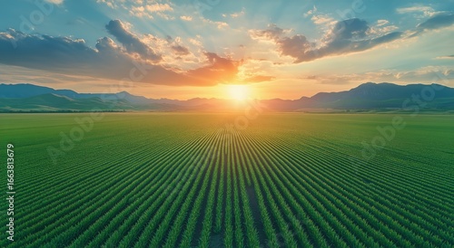 Beautiful Sunset Over Vast Green Fields Viewed From High Above in a Rural Lan...