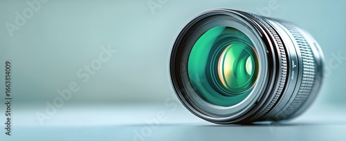 Camera Lens Resting on White Surface With Green Tint Reflecting Light in Stud...