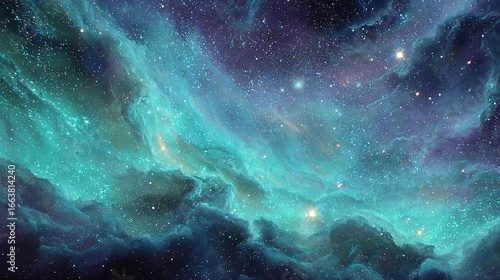 An ethereal teal and blue cosmic nebula illuminating with distant stars against a dark abyss.