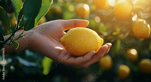 Hand Holding a Ripe Lemon Under Sunlight in a Citrus Orchard During Harvest S...