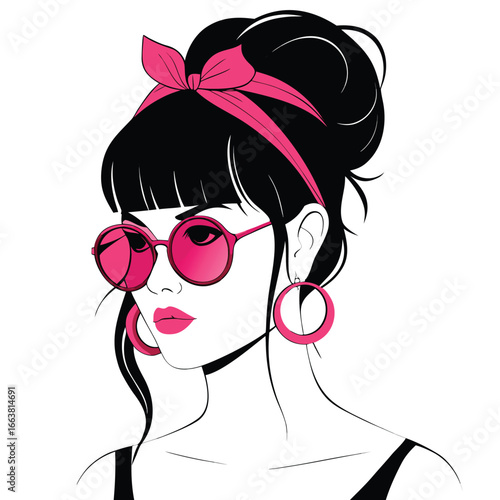 Retro Glamour A Stylish Woman with Beehive Hairdo Round Sunglasses and a Pink Headband in a Chic Illustration