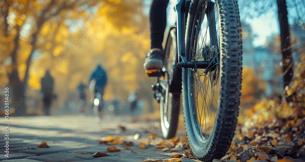 Naklejka premium Bicyclists Enjoying a Scenic Autumn Ride on a Leaf-Covered Path in a Park