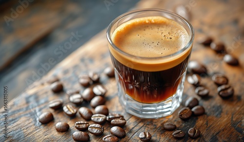 Freshly Brewed Espresso Served in a Glass With Coffee Beans on Wooden Table