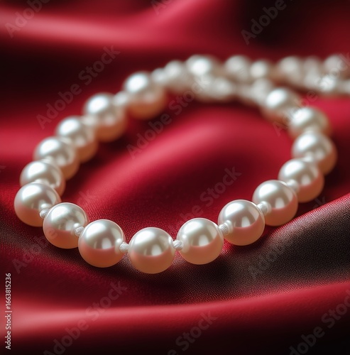 Elegant Pearl Bracelet Displayed on Luxurious Red Fabric Background for Jewel...