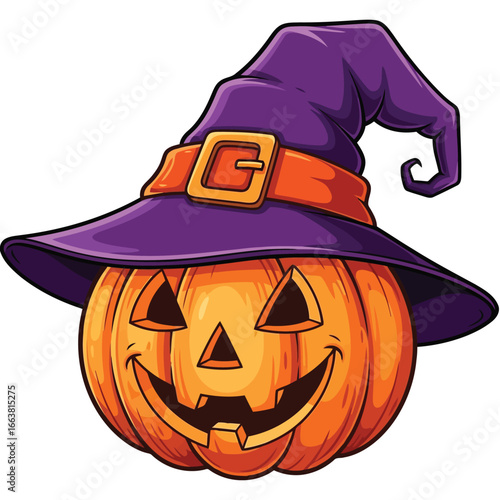 Vector art of jackolantern pumpkin wearing a purple witch hat with an orange buckle