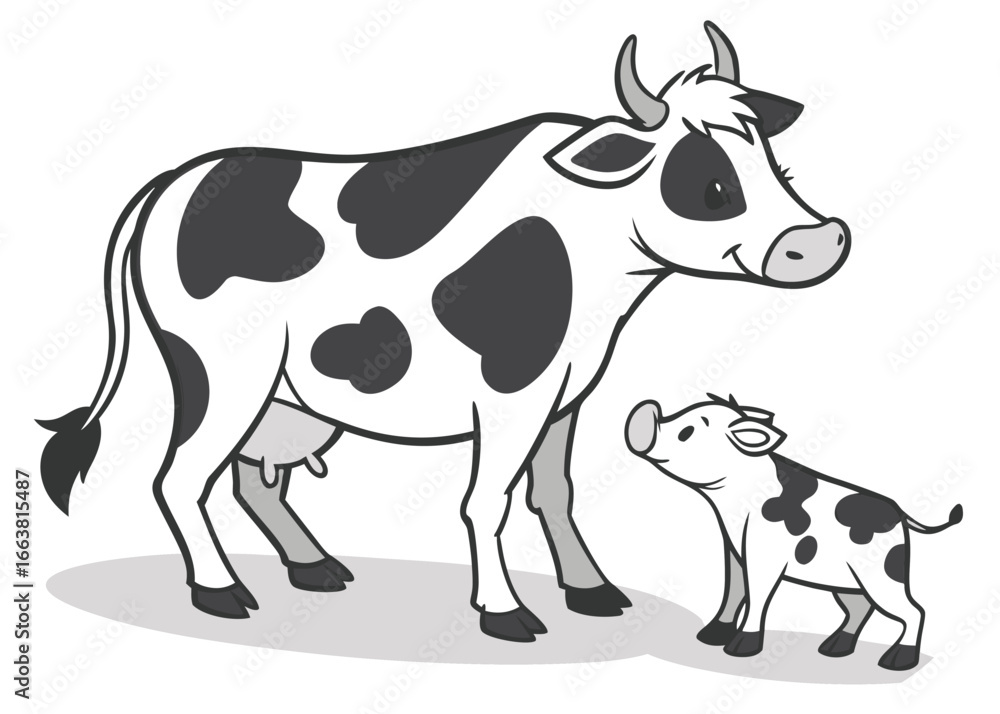 Fototapeta premium Cartoon illustration of a mother cow and calf with black and white spots cattle livestock