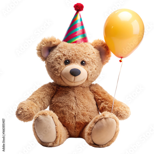 Teddy Bear with Birthday Hat and Balloon Isolated on White