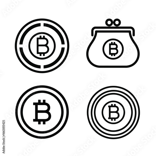 Vector art of bitcoin cryptocurrency icons including coins and wallet