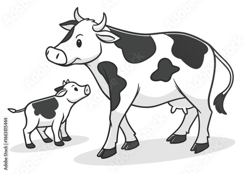 Cartoon cow and calf standing together on a white background cattle bovine