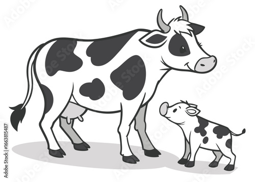 Cartoon illustration of a mother cow and calf with black and white spots cattle livestock